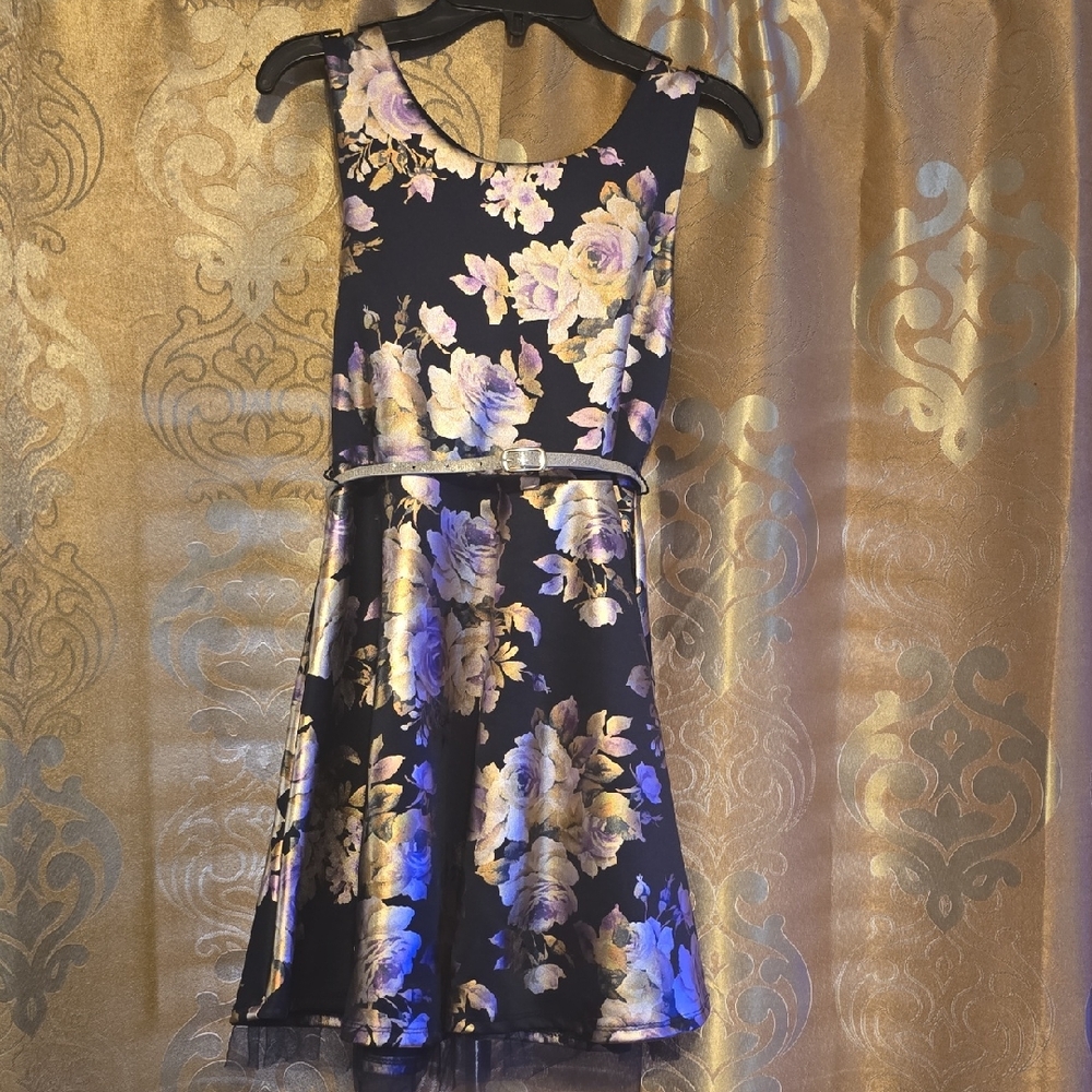 Navy Floral Fit-and-Flare Girls Dress with Gold Rose Accents